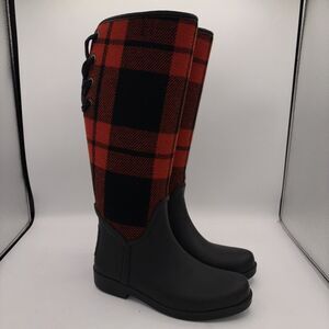 COACH Tristee Red Black Buffalo Plaid Fleece Lined Lace Up Rubber Rain Boots 6B